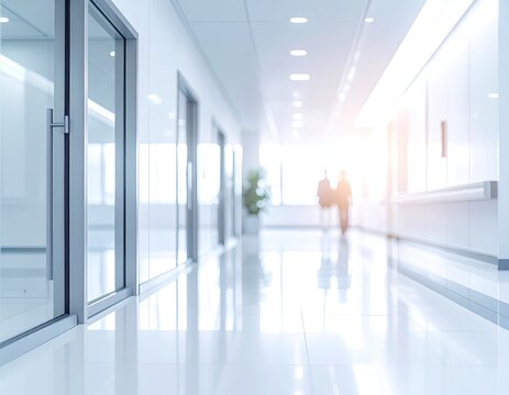 Bright, modern hallway with doors, and blurred figures