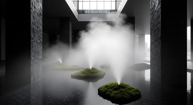 Indoor moss mounds emit thick white mist inside a dark minimalist sustainable building atrium with a wet floor and high resolution focus