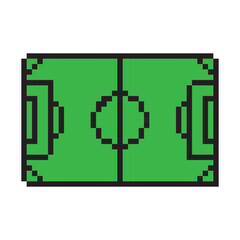 Vector pixel art icon of a green soccer football field in 8-bit style. Top view schematic diagram of a sport pitch with goal areas and center circle on white background. © Tetiana