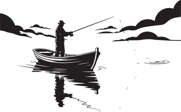 Fishing boat, silhouette, man fishing, vector illustration, black and white, outdoors, recreation