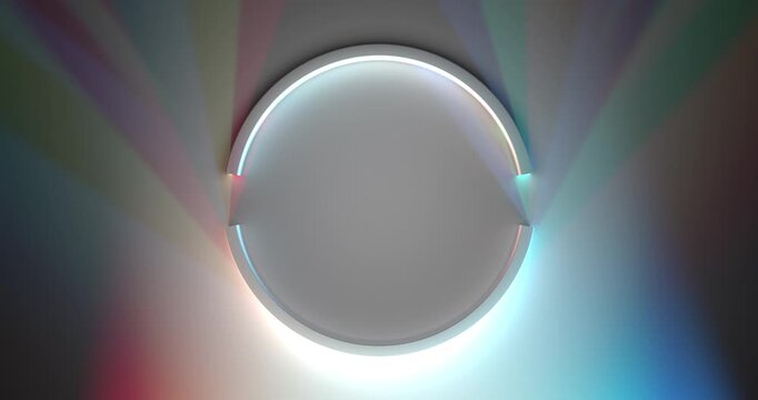 Minimal abstract circular form with soft reflections and subtle rainbow light creating a clean futuristic look.