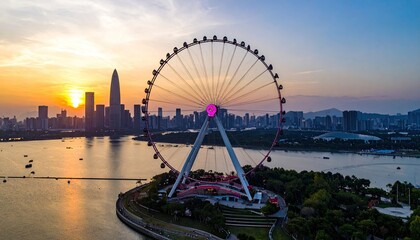 Obraz premium Ferris wheel at sunset, city skyline backdrop