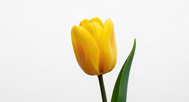 A vibrant yellow tulip with a long green stem and leaves stands against a stark white background, its petals fully open to reveal their radiant hue.