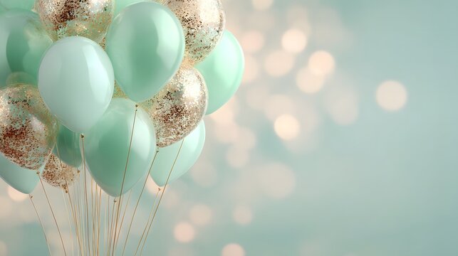 Mint green helium balloons with gold glitter balloons