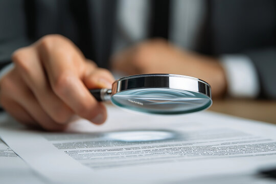 A business professional using a magnifying glass to review and verify documents on a desk, symbolizing audit, compliance, data verification, and quality assurance