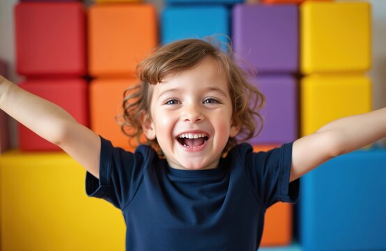 Joyful young boy with curly hair smiles widely, arms outstretched. Colorful soft blocks form a backdrop. Child has fun playing indoors, expressing happiness and excitement.