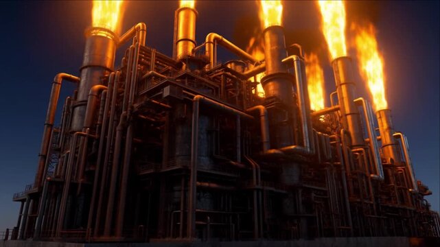 エネルギー生産のために金属構造を構築し火を点火する製油所プラント