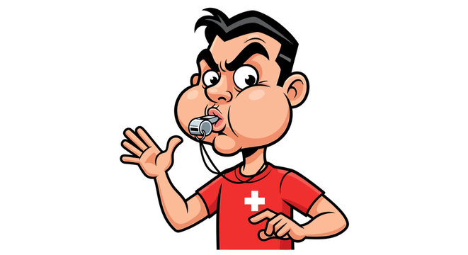 Cartoon referee blowing whistle with puffed cheeks.