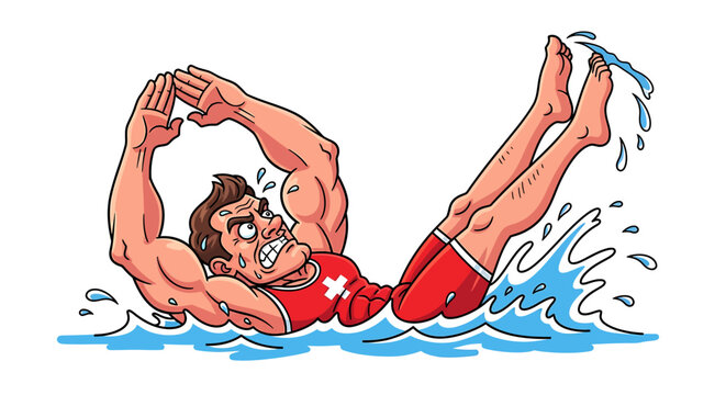 Cartoon illustration of a male swimmer doing backstroke in water.