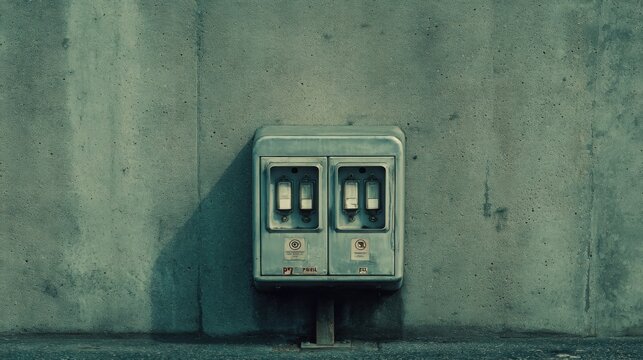Weathered Outdoor Utility Box with Double Compartments Mounted on a Concrete Wall