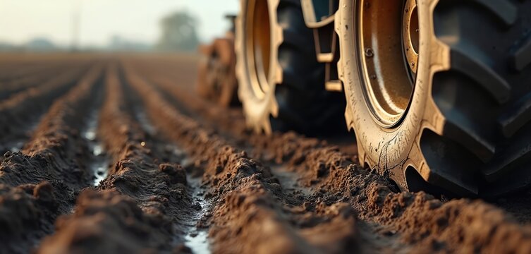 Tractor tire sinks into wet mud leaving deep track marks. Heavy wheel tread shows dirt and soil texture. Farm vehicle maneuvers in muddy field during planting or harvest season.