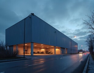 Obraz premium Modern industrial warehouse building facade exterior at dusk. Cars parked under building overhang. Road with streetlights reflects wet asphalt after rain. Sky clouds.