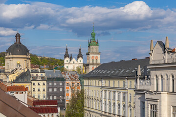 Fototapeta premium Skyline of Lviv old town with Dominican Cathedral and Assumption Church