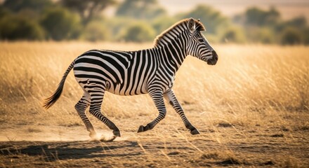 Fototapeta premium Zebra Running Freely in the African Savannah Landscape.