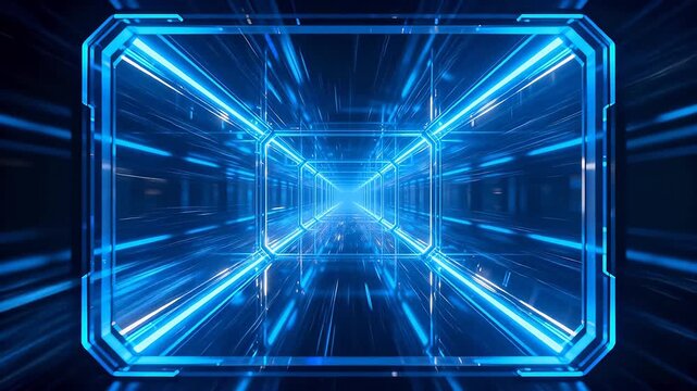 Sci-fi blue neon tunnel with grid perspective on dark background