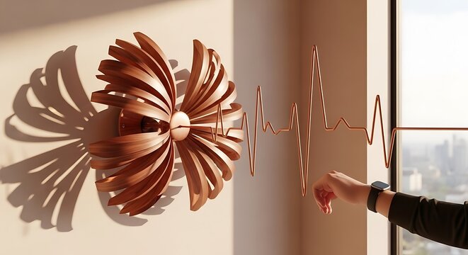 Copper kinetic sculpture emits a vital sign frequency line synchronized with a digital wearable device in a high resolution professional photograph