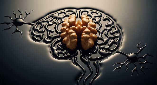 Brain health walnut nutrition concept featuring a walnut core inside a dark liquid human brain silhouette with neurons in a moody macro photograph