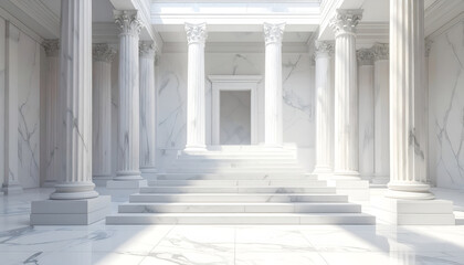 Obraz premium A stunning architectural interior showcases a grand marble hall with towering columns and a sweeping staircase leading to a distant doorway, bathed in soft, natural light.