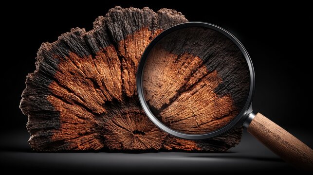 Intricate cross-section of ancient wood grain examined closely with a magnifying glass showcasing detailed texture and organic structure