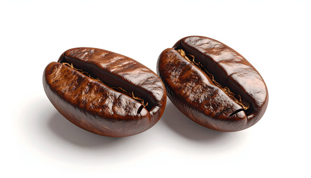 A close-up shot showcases two roasted coffee beans against a clean white background, highlighting their rich brown color and textured surface.