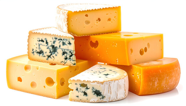 A colorful assortment of various cheeses is artfully arranged on a white surface.