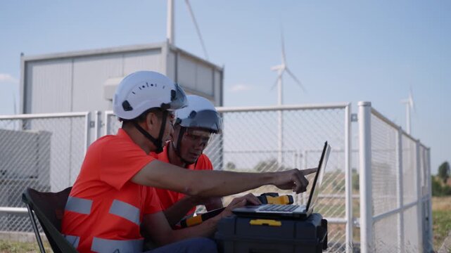 Asian engineers using a laptop to monitor wind turbine data at a renewable energy site, representing clean energy operations and digital analysis in sustainable engineering.