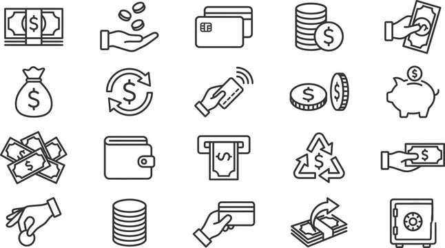 Simple Set of Money Related Vector Line Icons. Contains such Icons as Wallet, ATM, Bundle of Money, Hand with a Coin and more. Editable Stroke. 48x48 Pixel Perfect.