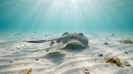 Fototapeta premium A stingray swims over sandy ocean floor with seaweed and rocks under sunlit water