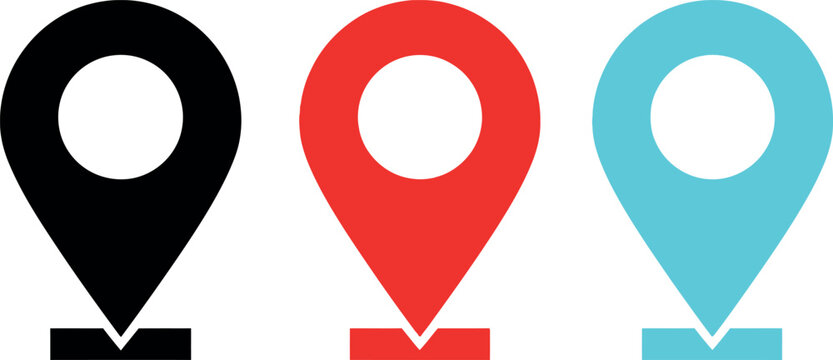 Three location pin icons in black red and cyan