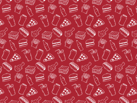 seamless pattern featuring hand-drawn illustrations of classic fast food items like burgers, pizza slices, hot dogs, fries, and sodas on a bold red background, perfect for culinary and snack branding