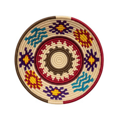 Obraz premium Intricate handcrafted round decorative plate showcasing vibrant traditional geometric patterns and motifs