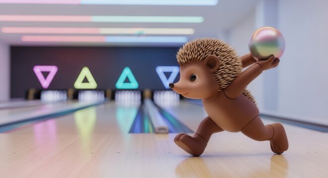 hedgehog bowling toy running with ball in neon lit alley