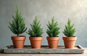 Fototapeta premium Four small potted fir trees grow in a row. Young evergreen plants in terracotta pots show progress and natural growth. Concepts for forestry and environment.