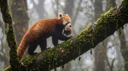 Fototapeta premium A red panda walks on a mossy tree branch in a forest.