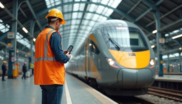 Man in hard hat and safety vest checks phone on train platform. Modern speed train waits on track. Busy station with people, transport hub. Pro worker manages logistics via mobile app.