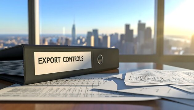 Black Export Controls Binder And Documents On Office Desk Overlooking A Blurred City Skyline During Sunset Realistic 3d Render Professional Concept