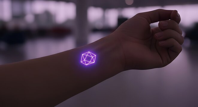 Subdermal biometric implant glows on a human wrist with purple polygonal light for digital health tracking in a professional commercial setting