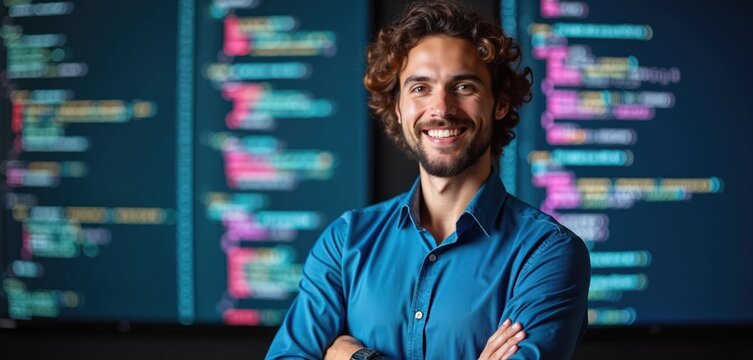 Man smiles with arms crossed in front of computer screen displaying programming code. He looks like a confident software engineer working in tech.