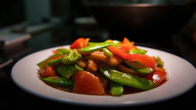 A vibrant plate of Asian vegetable stir-fry featuring snow peas and red peppers, beautifully plated for a delicious meal.