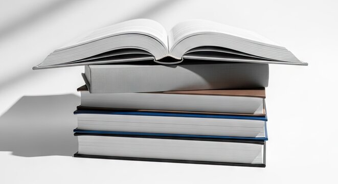 Stack of books with open book on top against white background