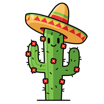 A cute cactus wearing a sombrero and hat, with a speech bubble saying 'Cactus Hat Cinco Humor'. Bright, cheerful illustration. Perfect for festive designs.