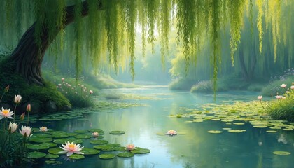 Obraz premium Tranquil pond scene with weeping willow branches draping over calm water. Lotus flowers and lily pads float peacefully. Sunlight filters through green foliage creating a serene natural landscape.