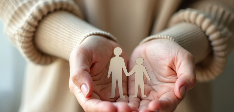 Hands hold paper people figures representing family bond. Symbolizes protection, love, and togetherness in human life. Nurturing connection between adults and children.