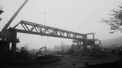 Naklejka premium Massive exposed billboard truss system with interconnected steel framework and construction machinery in hazy industrial setting
