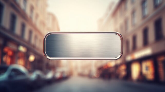 Brushed Metal Rectangular Button With Rose Gold Border On Blurred City Street Background