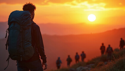 Fototapeta premium Man with backpack on hill watches sunset. Group walks ahead. Golden hour light illuminates sky and distant mountains, evoking adventure and shared journey.
