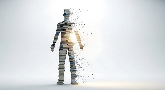 Man dissolving into digital particles representing data or technology absurd compositions fantasy realism. 8K dissolving particles technology absurd compositions, fantasy realism. 8K