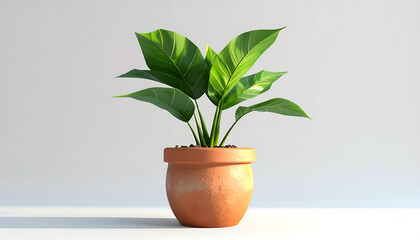 Fototapeta premium A vibrant green plant thrives in a terracotta pot, elegantly displayed against a soft, neutral background, showcasing a touch of natural beauty.