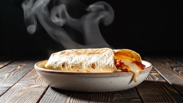 Delicious steaming hot pizza roll with melted cheese and fragrant herbs on rustic wooden table