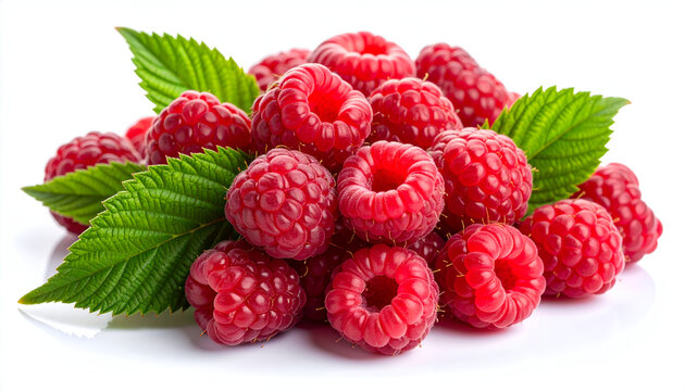 A vibrant pile of fresh, ripe raspberries with lush green leaves are artfully arranged against a clean white background, showcasing their juicy texture and bright color.
